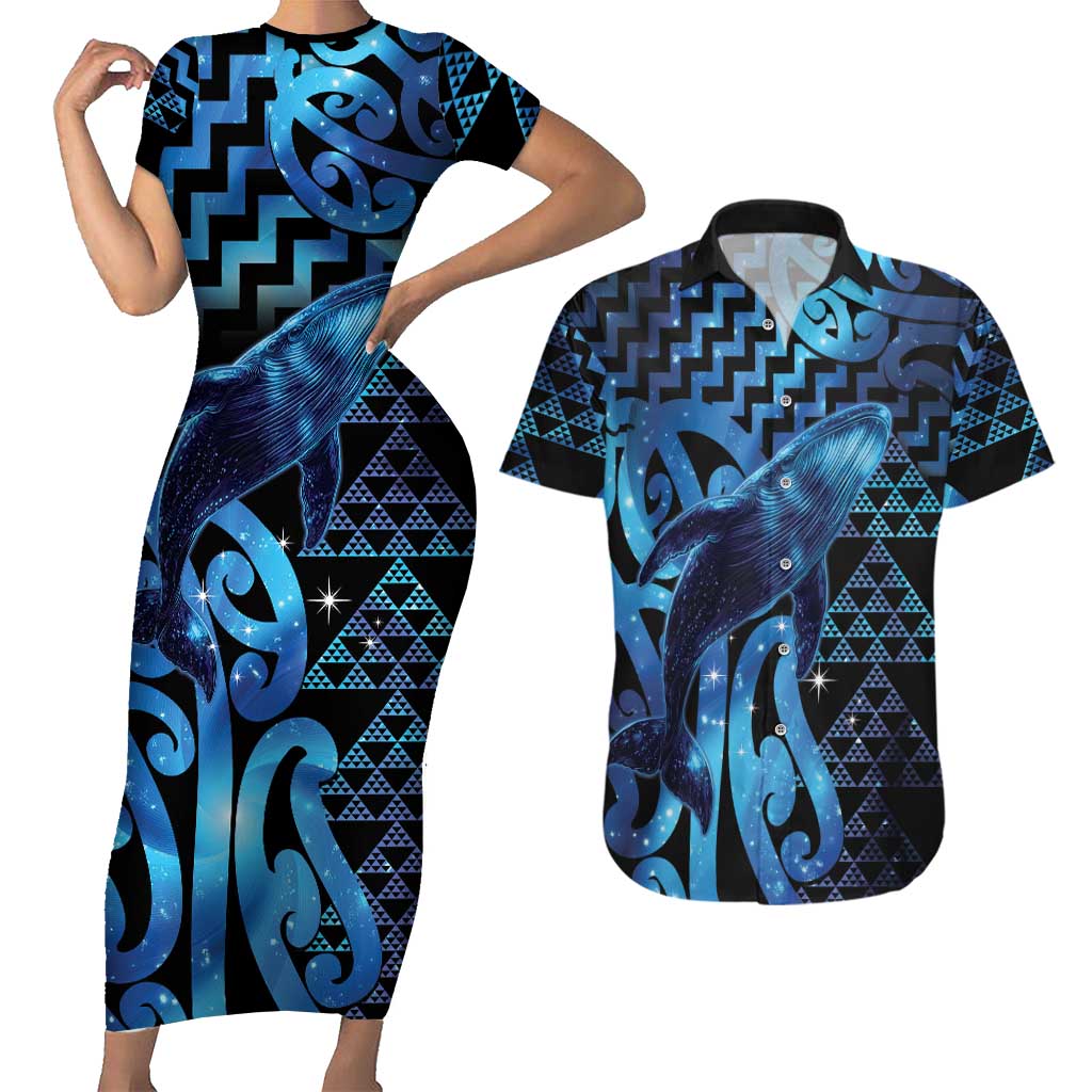 Humpback Whale Matariki New Zealand Couples Matching Short Sleeve Bodycon Dress and Hawaiian Shirt NZ Maori Paikea Poutama Luxury Blue LT14 Blue - Polynesian Pride