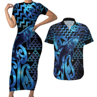 Humpback Whale Matariki New Zealand Couples Matching Short Sleeve Bodycon Dress and Hawaiian Shirt NZ Maori Paikea Poutama Luxury Blue LT14 Blue - Polynesian Pride