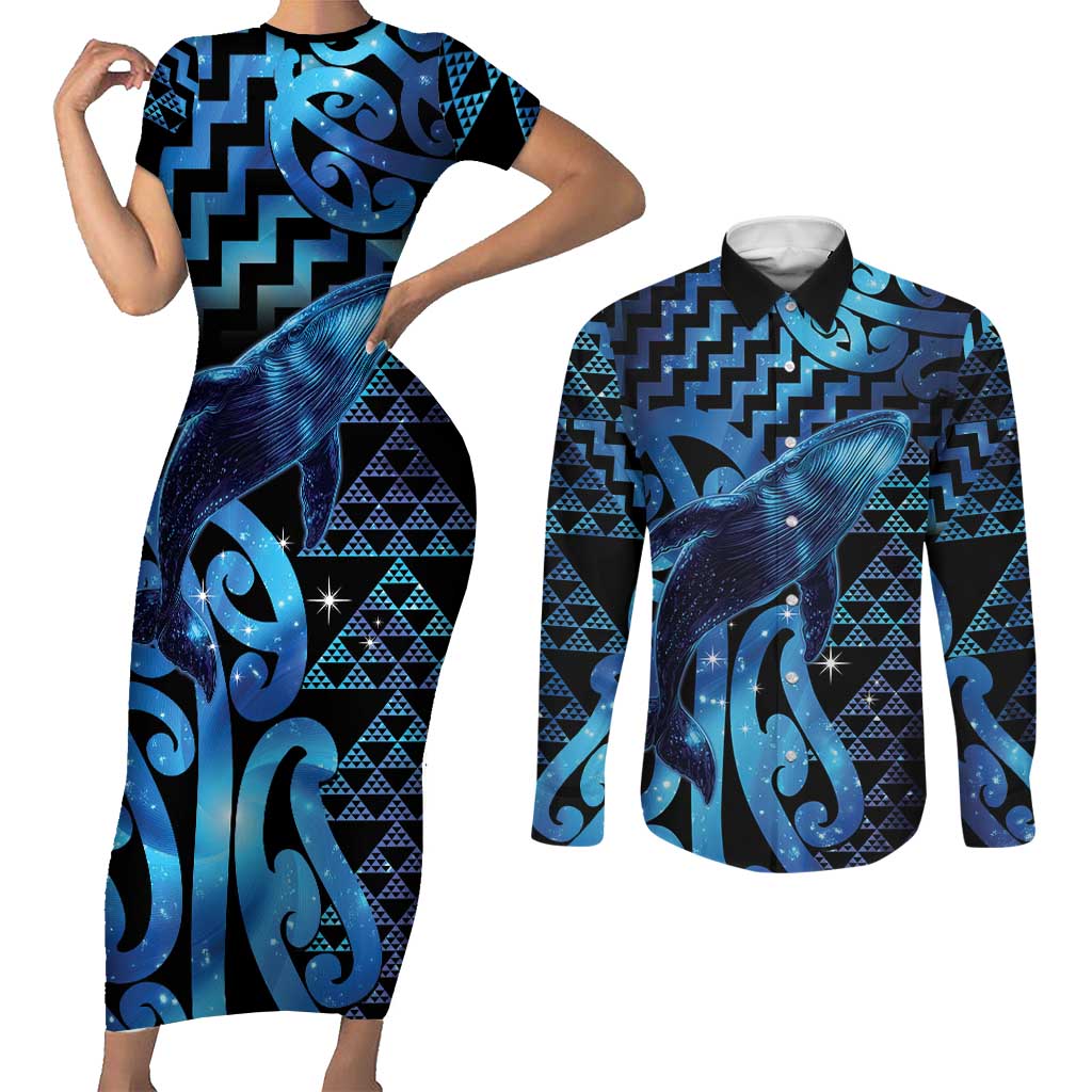 Humpback Whale Matariki New Zealand Couples Matching Short Sleeve Bodycon Dress and Long Sleeve Button Shirt NZ Maori Paikea Poutama Luxury Blue