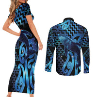 Humpback Whale Matariki New Zealand Couples Matching Short Sleeve Bodycon Dress and Long Sleeve Button Shirt NZ Maori Paikea Poutama Luxury Blue LT14 - Polynesian Pride