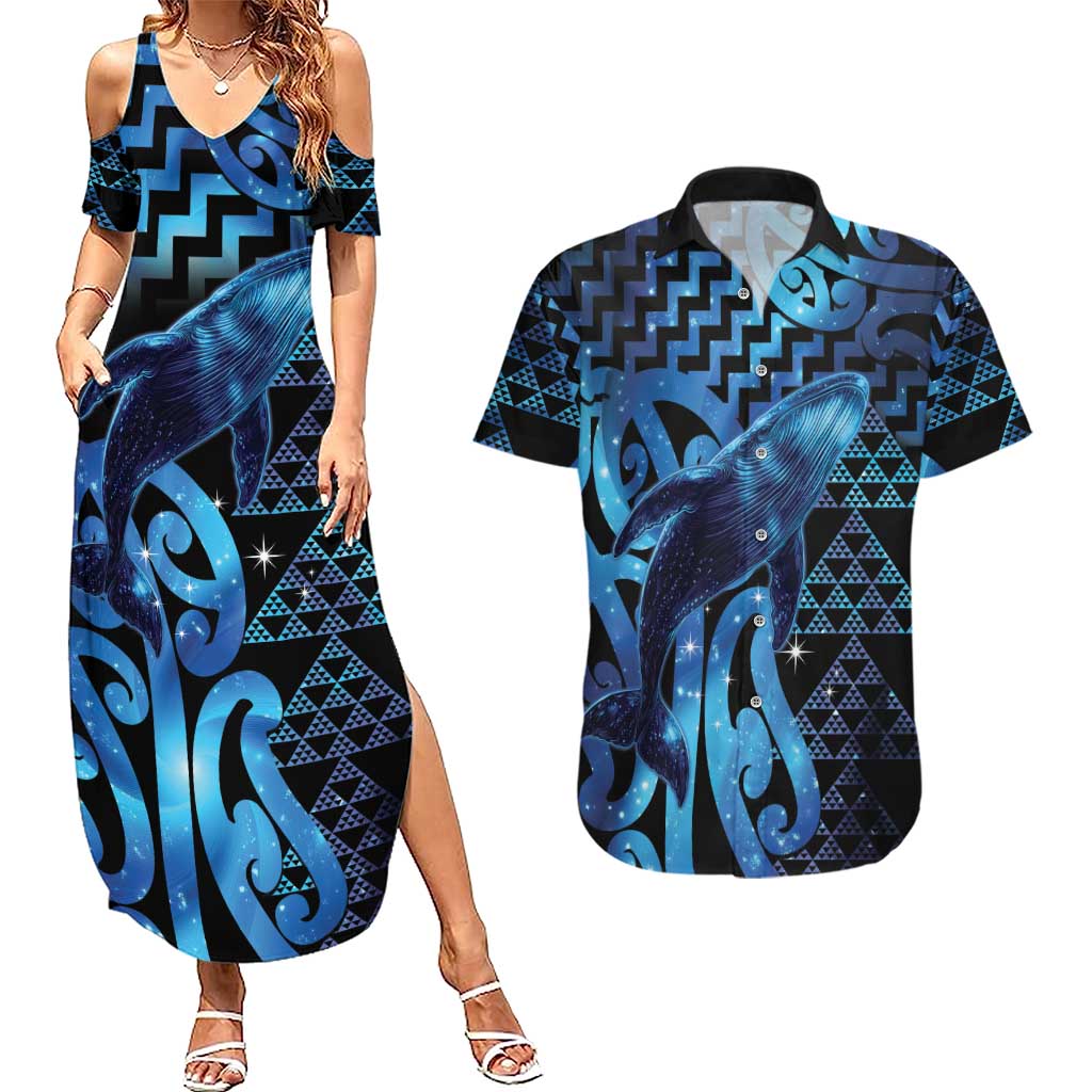 Humpback Whale Matariki New Zealand Couples Matching Summer Maxi Dress and Hawaiian Shirt NZ Maori Paikea Poutama Luxury Blue