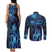 Humpback Whale Matariki New Zealand Couples Matching Tank Maxi Dress and Long Sleeve Button Shirt NZ Maori Paikea Poutama Luxury Blue LT14 - Polynesian Pride