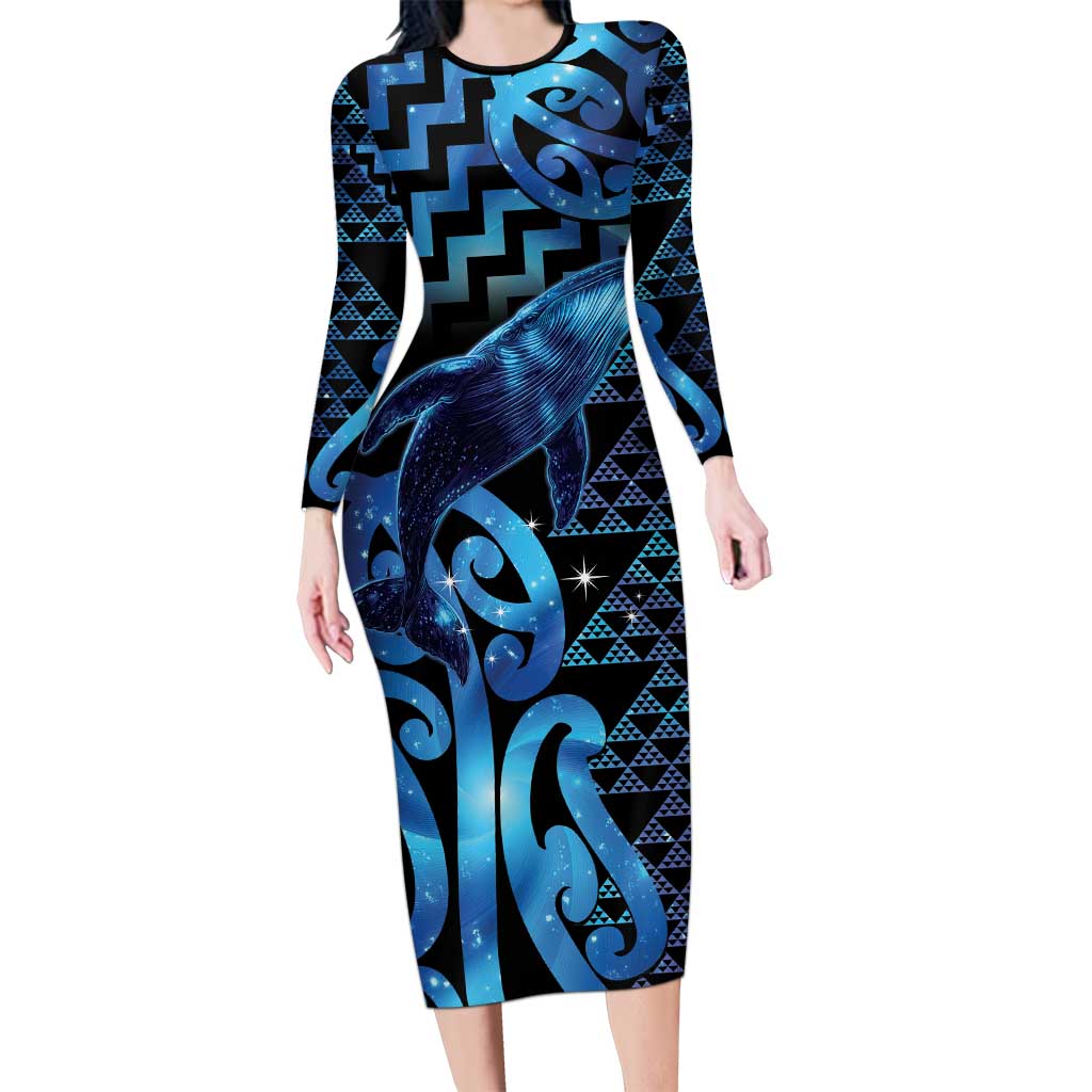 Humpback Whale Matariki New Zealand Family Matching Long Sleeve Bodycon Dress and Hawaiian Shirt NZ Maori Paikea Poutama Luxury Blue LT14 Mom's Dress Blue - Polynesian Pride