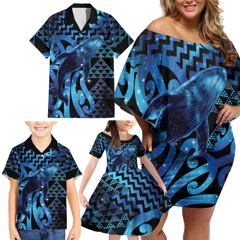 Humpback Whale Matariki New Zealand Family Matching Off Shoulder Short Dress and Hawaiian Shirt NZ Maori Paikea Poutama Luxury Blue LT14 - Polynesian Pride