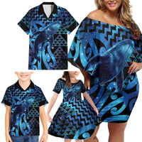 Humpback Whale Matariki New Zealand Family Matching Off Shoulder Short Dress and Hawaiian Shirt NZ Maori Paikea Poutama Luxury Blue LT14 - Polynesian Pride