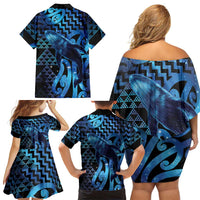 Humpback Whale Matariki New Zealand Family Matching Off Shoulder Short Dress and Hawaiian Shirt NZ Maori Paikea Poutama Luxury Blue LT14 - Polynesian Pride