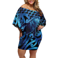 Humpback Whale Matariki New Zealand Family Matching Off Shoulder Short Dress and Hawaiian Shirt NZ Maori Paikea Poutama Luxury Blue LT14 Mom's Dress Blue - Polynesian Pride