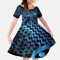Humpback Whale Matariki New Zealand Family Matching Short Sleeve Bodycon Dress and Hawaiian Shirt NZ Maori Paikea Poutama Luxury Blue LT14 Daughter's Dress Blue - Polynesian Pride