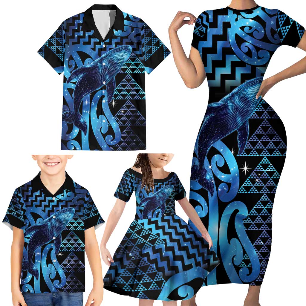 Humpback Whale Matariki New Zealand Family Matching Short Sleeve Bodycon Dress and Hawaiian Shirt NZ Maori Paikea Poutama Luxury Blue LT14 - Polynesian Pride