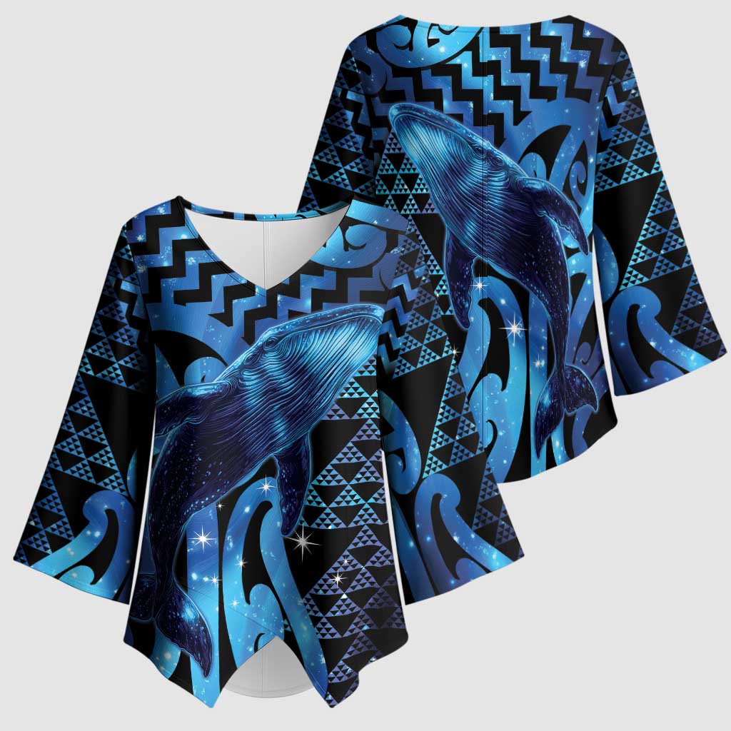 Humpback Whale Matariki New Zealand Kimono Sleeve Blouse NZ Maori Paikea Poutama Luxury Blue