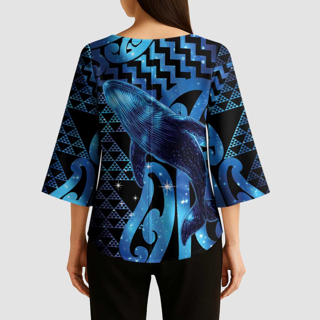 Humpback Whale Matariki New Zealand Kimono Sleeve Blouse NZ Maori Paikea Poutama Luxury Blue