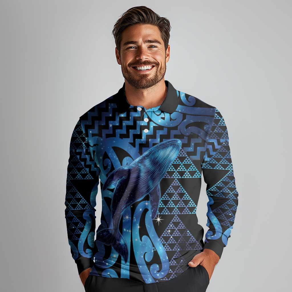 Humpback Whale Matariki New Zealand Long Sleeve Polo Shirt NZ Maori Paikea Poutama Luxury Blue