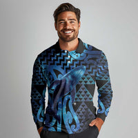 Humpback Whale Matariki New Zealand Long Sleeve Polo Shirt NZ Maori Paikea Poutama Luxury Blue