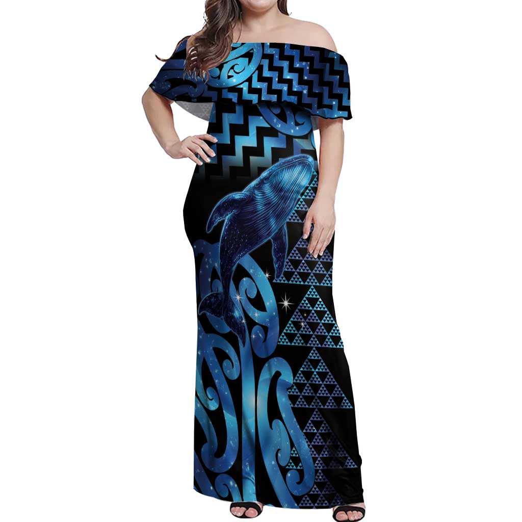 Humpback Whale Matariki New Zealand Off Shoulder Maxi Dress NZ Maori Paikea Poutama Luxury Blue LT14 Women Blue - Polynesian Pride