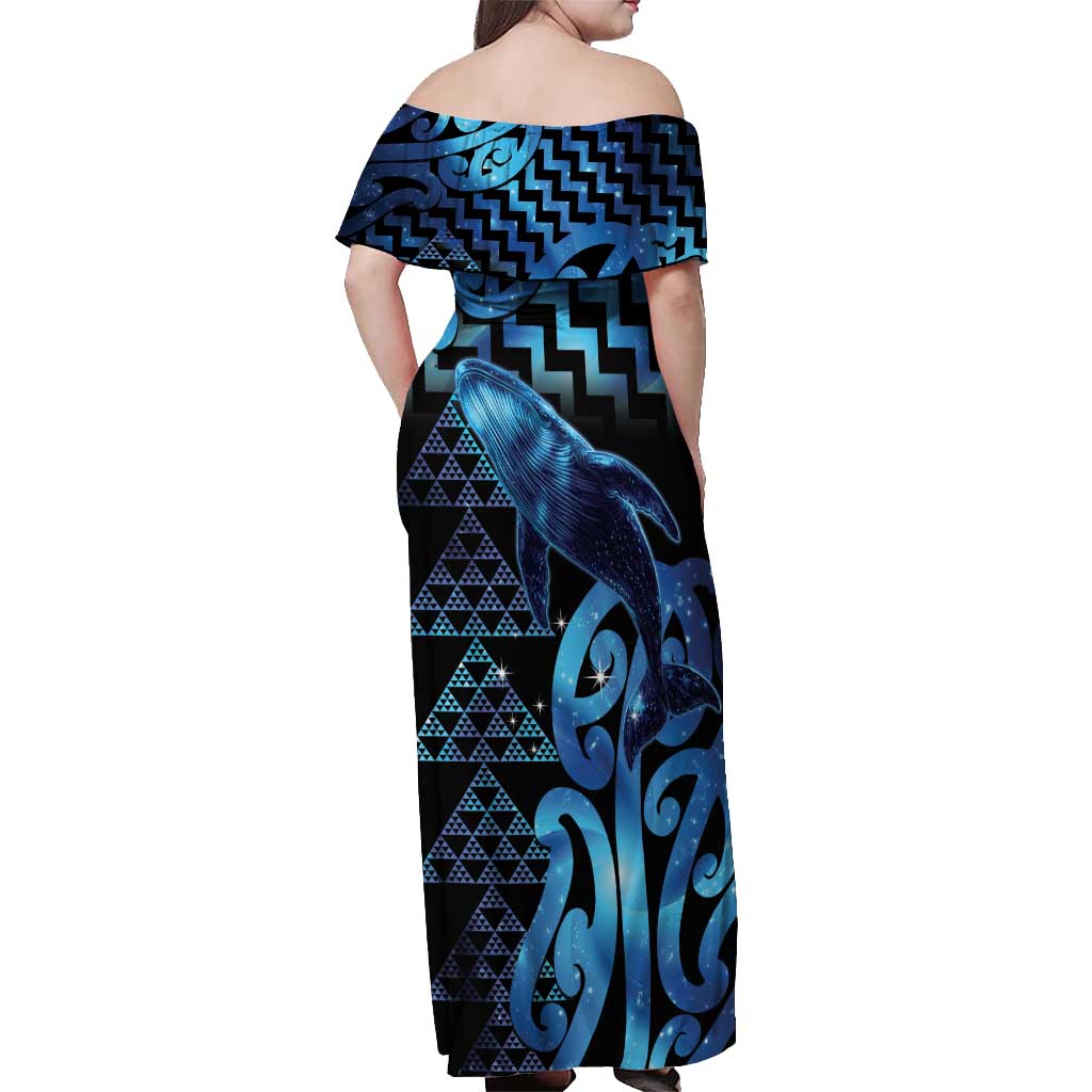 Humpback Whale Matariki New Zealand Off Shoulder Maxi Dress NZ Maori Paikea Poutama Luxury Blue LT14 - Polynesian Pride