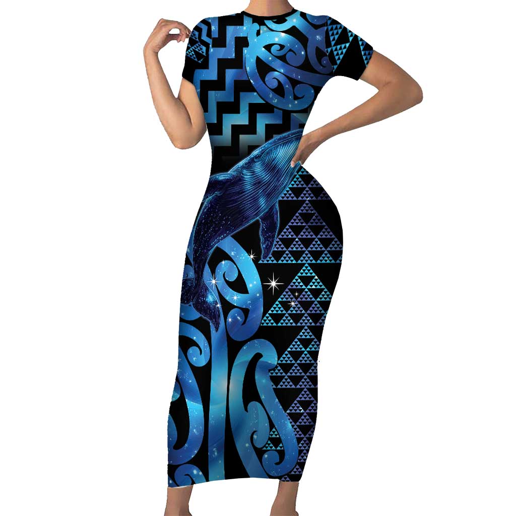 Humpback Whale Matariki New Zealand Short Sleeve Bodycon Dress NZ Maori Paikea Poutama Luxury Blue LT14 Long Dress Blue - Polynesian Pride