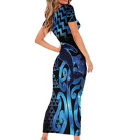 Humpback Whale Matariki New Zealand Short Sleeve Bodycon Dress NZ Maori Paikea Poutama Luxury Blue LT14 - Polynesian Pride