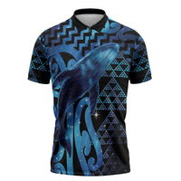 Humpback Whale Matariki New Zealand Zipper Polo Shirt NZ Maori Paikea Poutama Luxury Blue
