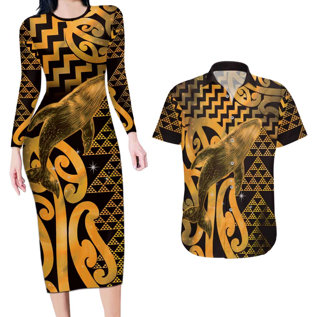 Humpback Whale Matariki New Zealand Couples Matching Long Sleeve Bodycon Dress and Hawaiian Shirt NZ Maori Paikea Poutama Luxury Gold LT14 Gold - Polynesian Pride