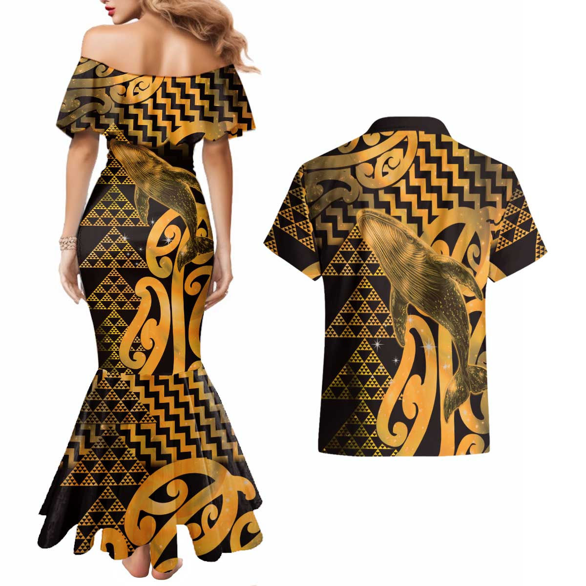 Humpback Whale Matariki New Zealand Couples Matching Mermaid Dress and Hawaiian Shirt NZ Maori Paikea Poutama Luxury Gold LT14 - Polynesian Pride