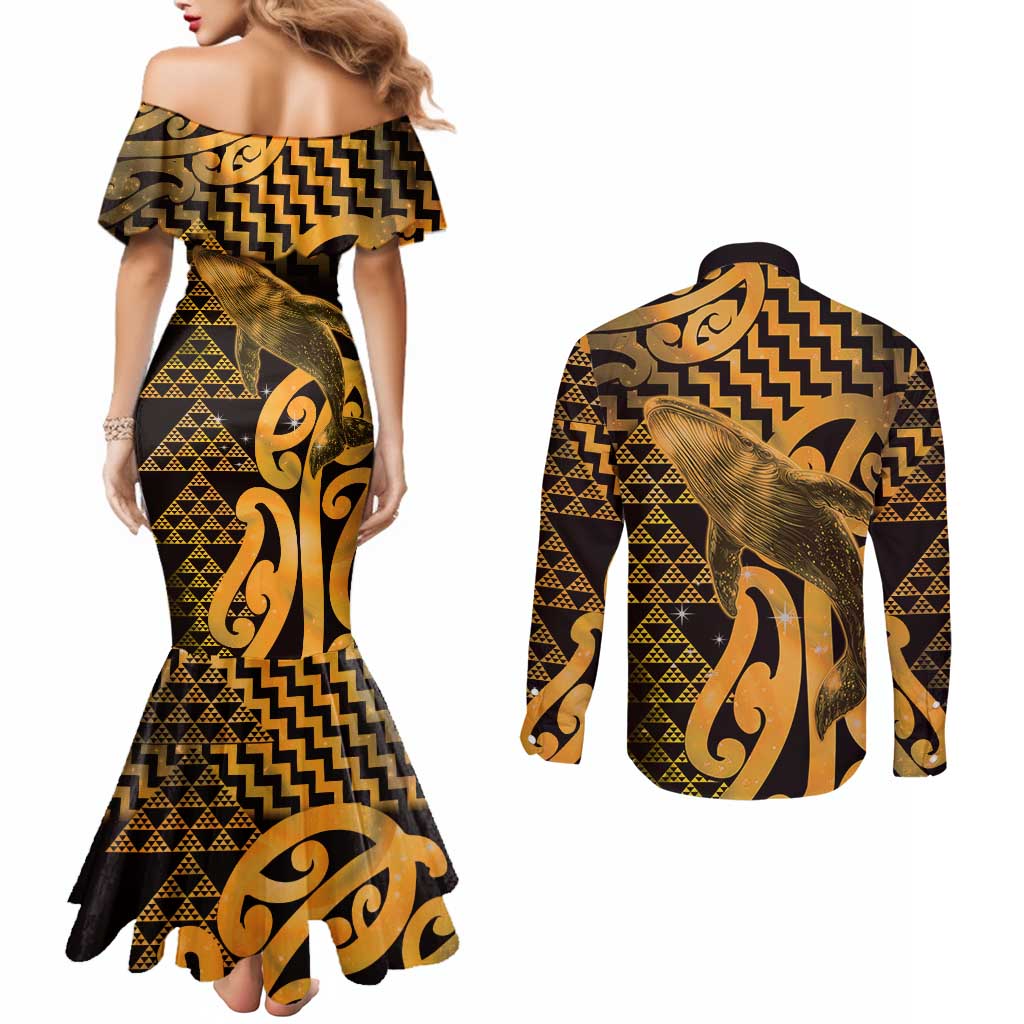 Humpback Whale Matariki New Zealand Couples Matching Mermaid Dress and Long Sleeve Button Shirt NZ Maori Paikea Poutama Luxury Gold LT14 - Polynesian Pride