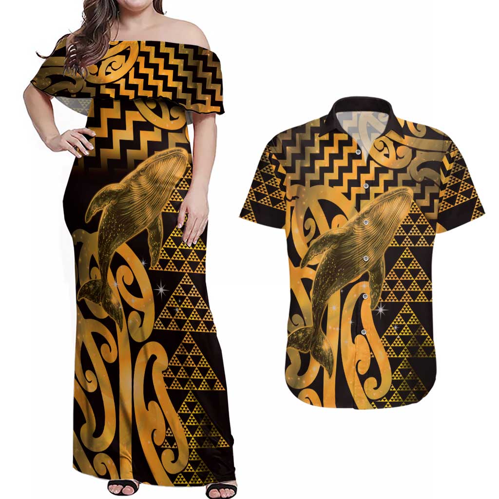 Humpback Whale Matariki New Zealand Couples Matching Off Shoulder Maxi Dress and Hawaiian Shirt NZ Maori Paikea Poutama Luxury Gold LT14 Gold - Polynesian Pride