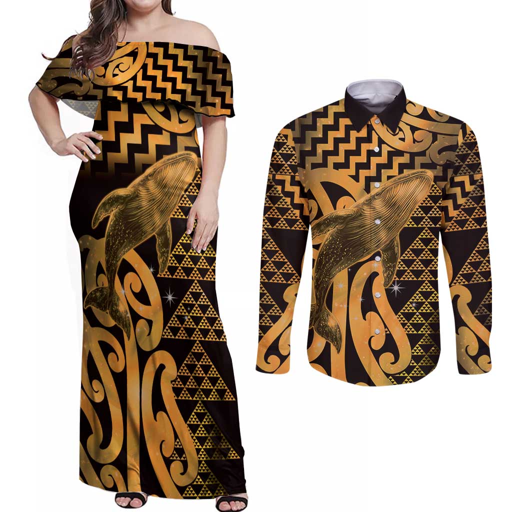 Humpback Whale Matariki New Zealand Couples Matching Off Shoulder Maxi Dress and Long Sleeve Button Shirt NZ Maori Paikea Poutama Luxury Gold