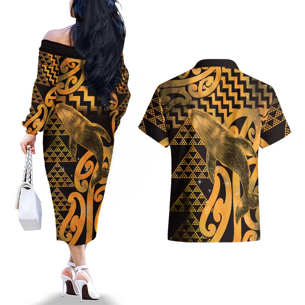 Humpback Whale Matariki New Zealand Couples Matching Off The Shoulder Long Sleeve Dress and Hawaiian Shirt NZ Maori Paikea Poutama Luxury Gold LT14 - Polynesian Pride