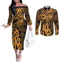 Humpback Whale Matariki New Zealand Couples Matching Off The Shoulder Long Sleeve Dress and Long Sleeve Button Shirt NZ Maori Paikea Poutama Luxury Gold LT14 Gold - Polynesian Pride