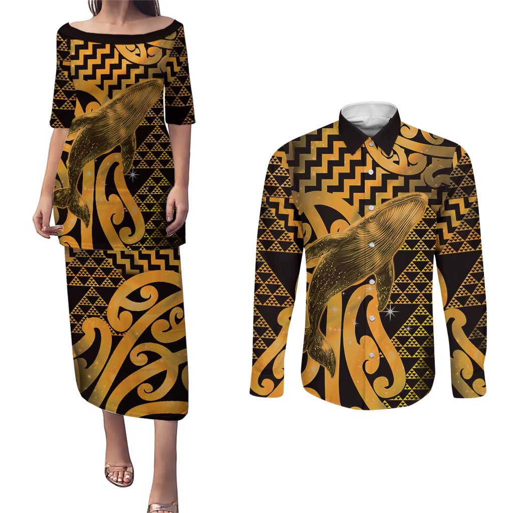 Humpback Whale Matariki New Zealand Couples Matching Puletasi and Long Sleeve Button Shirt NZ Maori Paikea Poutama Luxury Gold LT14 Gold - Polynesian Pride