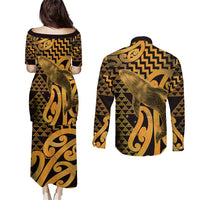Humpback Whale Matariki New Zealand Couples Matching Puletasi and Long Sleeve Button Shirt NZ Maori Paikea Poutama Luxury Gold LT14 - Polynesian Pride