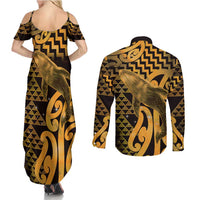 Humpback Whale Matariki New Zealand Couples Matching Summer Maxi Dress and Long Sleeve Button Shirt NZ Maori Paikea Poutama Luxury Gold LT14 - Polynesian Pride