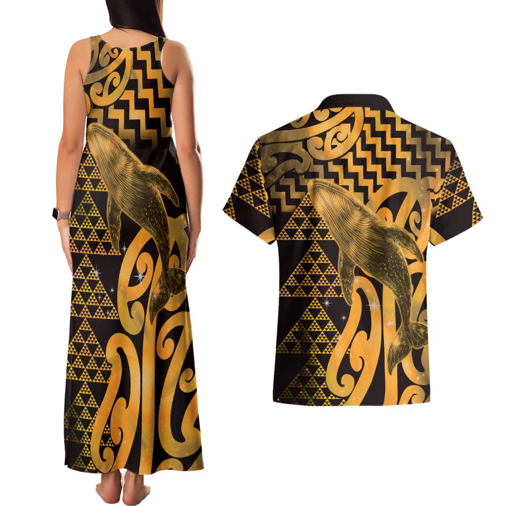 Humpback Whale Matariki New Zealand Couples Matching Tank Maxi Dress and Hawaiian Shirt NZ Maori Paikea Poutama Luxury Gold LT14 - Polynesian Pride