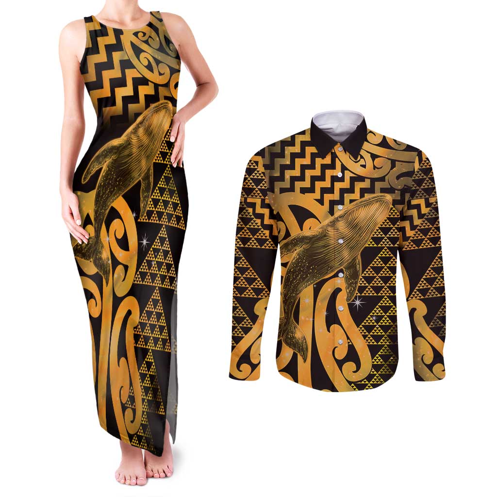 Humpback Whale Matariki New Zealand Couples Matching Tank Maxi Dress and Long Sleeve Button Shirt NZ Maori Paikea Poutama Luxury Gold
