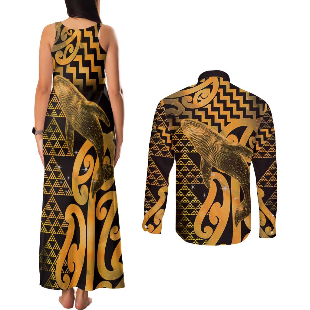 Humpback Whale Matariki New Zealand Couples Matching Tank Maxi Dress and Long Sleeve Button Shirt NZ Maori Paikea Poutama Luxury Gold LT14 - Polynesian Pride