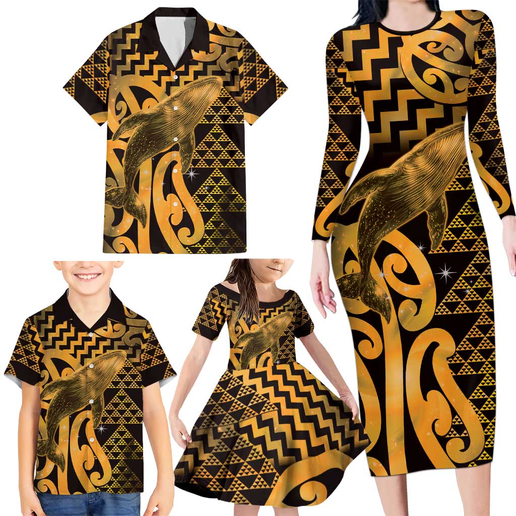 Humpback Whale Matariki New Zealand Family Matching Long Sleeve Bodycon Dress and Hawaiian Shirt NZ Maori Paikea Poutama Luxury Gold LT14 - Polynesian Pride