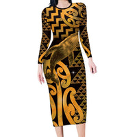 Humpback Whale Matariki New Zealand Family Matching Long Sleeve Bodycon Dress and Hawaiian Shirt NZ Maori Paikea Poutama Luxury Gold LT14 Mom's Dress Gold - Polynesian Pride