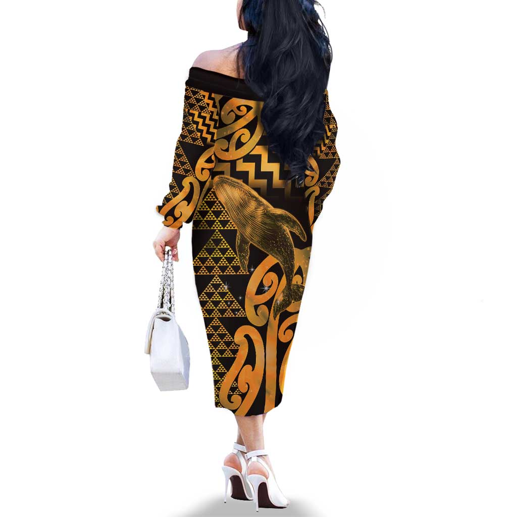 Humpback Whale Matariki New Zealand Family Matching Off The Shoulder Long Sleeve Dress and Hawaiian Shirt NZ Maori Paikea Poutama Luxury Gold LT14 - Polynesian Pride