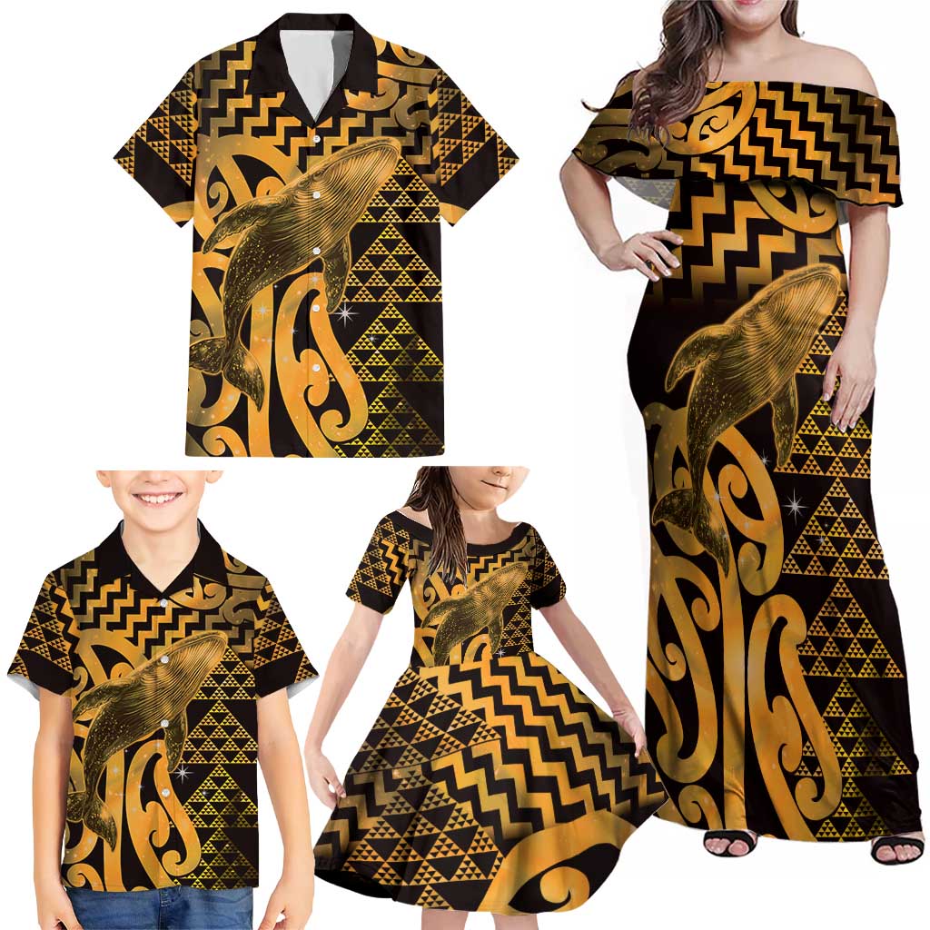 Humpback Whale Matariki New Zealand Family Matching Off Shoulder Maxi Dress and Hawaiian Shirt NZ Maori Paikea Poutama Luxury Gold LT14 - Polynesian Pride