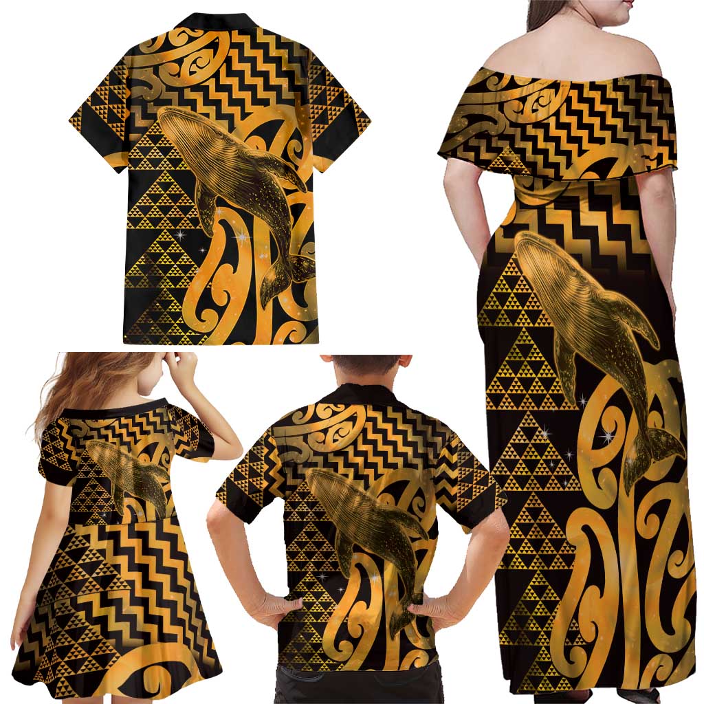 Humpback Whale Matariki New Zealand Family Matching Off Shoulder Maxi Dress and Hawaiian Shirt NZ Maori Paikea Poutama Luxury Gold LT14 - Polynesian Pride