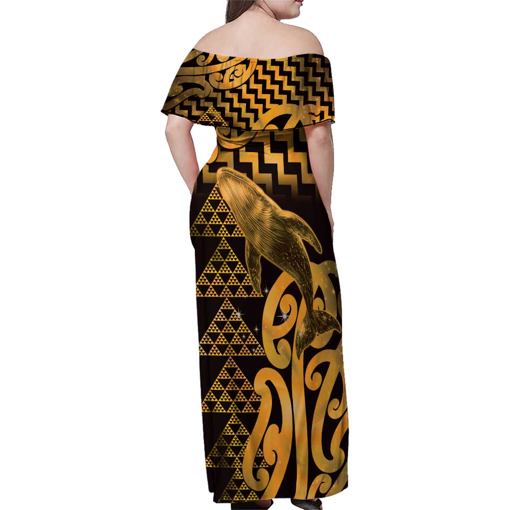Humpback Whale Matariki New Zealand Family Matching Off Shoulder Maxi Dress and Hawaiian Shirt NZ Maori Paikea Poutama Luxury Gold LT14 - Polynesian Pride