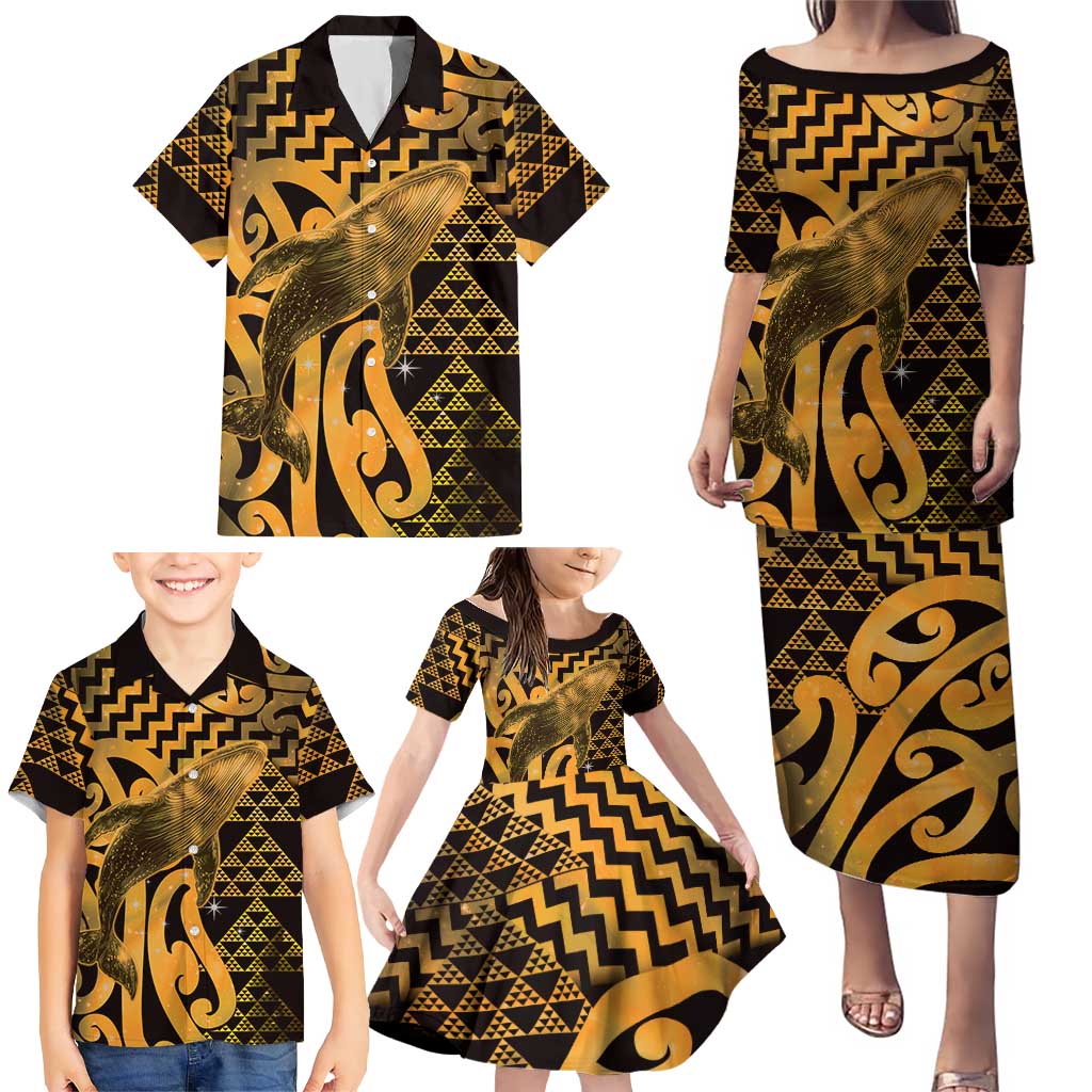 Humpback Whale Matariki New Zealand Family Matching Puletasi and Hawaiian Shirt NZ Maori Paikea Poutama Luxury Gold LT14 - Polynesian Pride