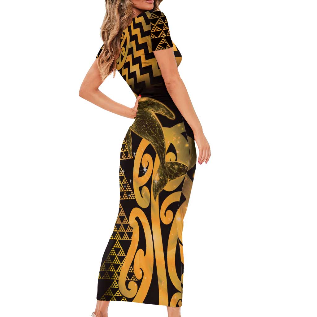 Humpback Whale Matariki New Zealand Family Matching Short Sleeve Bodycon Dress and Hawaiian Shirt NZ Maori Paikea Poutama Luxury Gold LT14 - Polynesian Pride