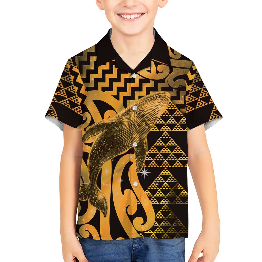 Humpback Whale Matariki New Zealand Family Matching Short Sleeve Bodycon Dress and Hawaiian Shirt NZ Maori Paikea Poutama Luxury Gold LT14 Son's Shirt Gold - Polynesian Pride