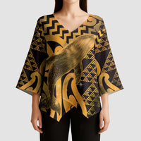 Humpback Whale Matariki New Zealand Kimono Sleeve Blouse NZ Maori Paikea Poutama Luxury Gold