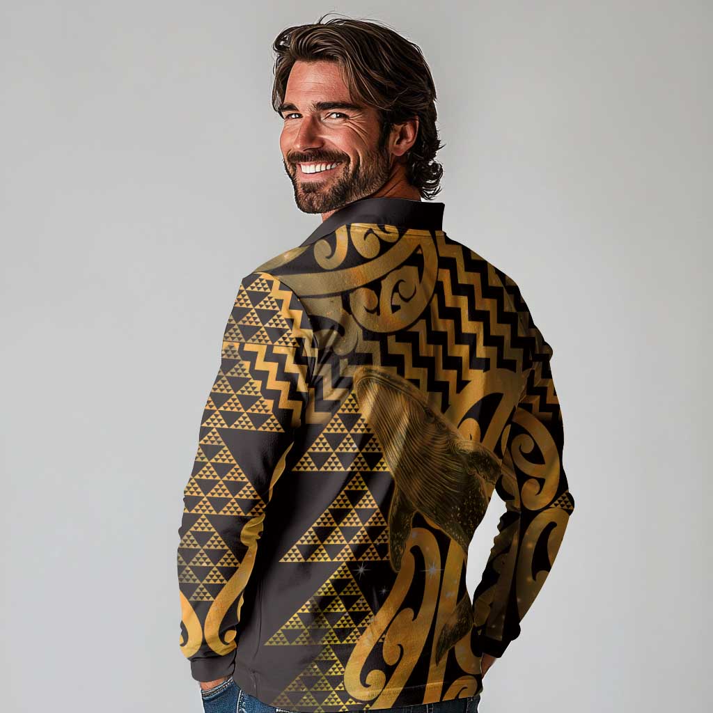 Humpback Whale Matariki New Zealand Long Sleeve Polo Shirt NZ Maori Paikea Poutama Luxury Gold LT14 - Polynesian Pride