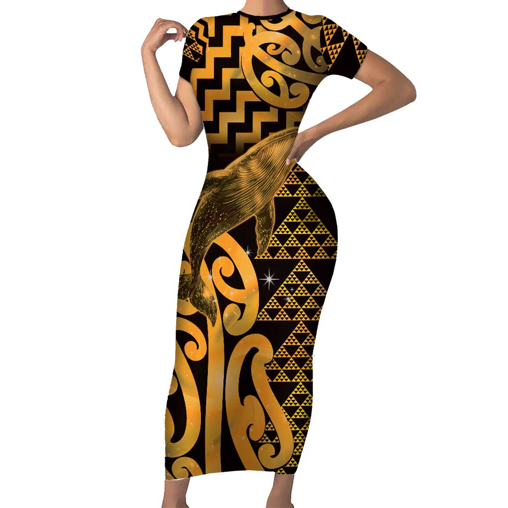 Humpback Whale Matariki New Zealand Short Sleeve Bodycon Dress NZ Maori Paikea Poutama Luxury Gold LT14 Long Dress Gold - Polynesian Pride
