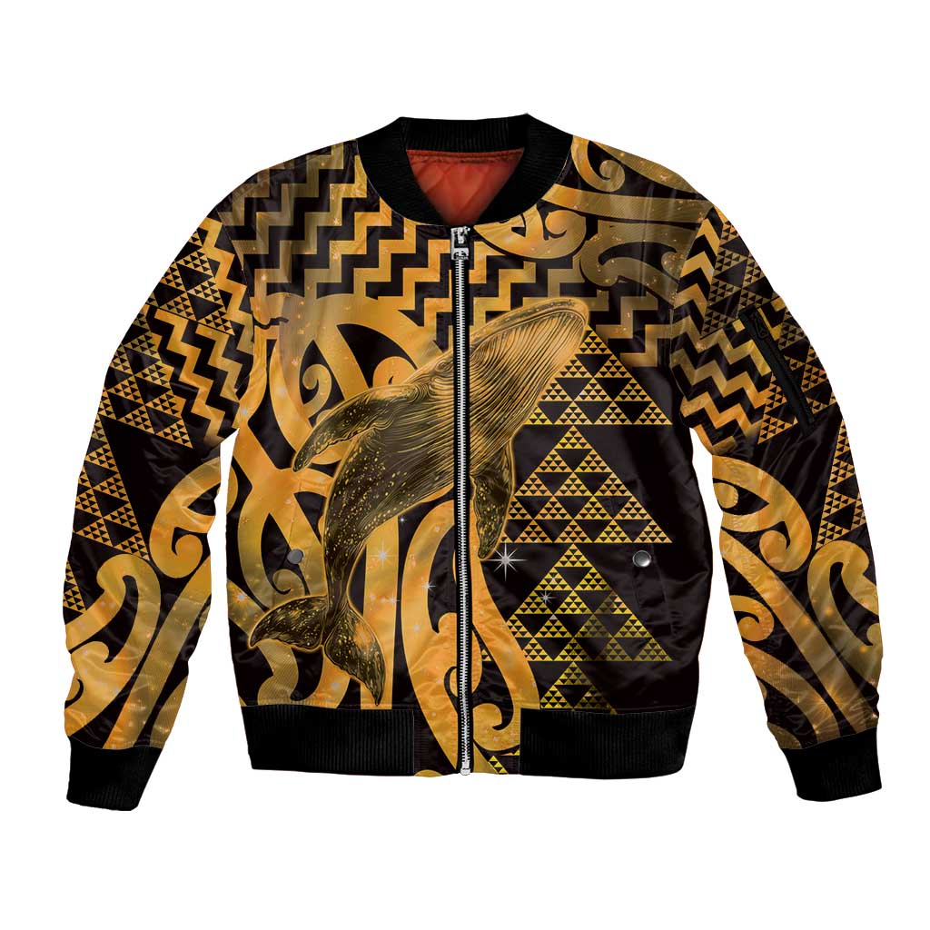 Humpback Whale Matariki New Zealand Sleeve Zip Bomber Jacket NZ Maori Paikea Poutama Luxury Gold