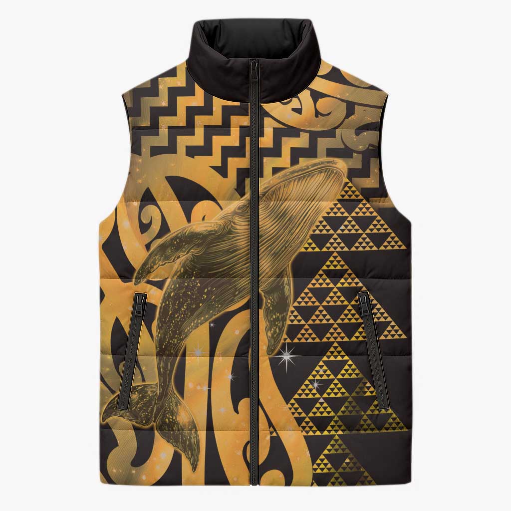 Humpback Whale Matariki New Zealand Sleeveless Puffer Jacket NZ Maori Paikea Poutama Luxury Gold