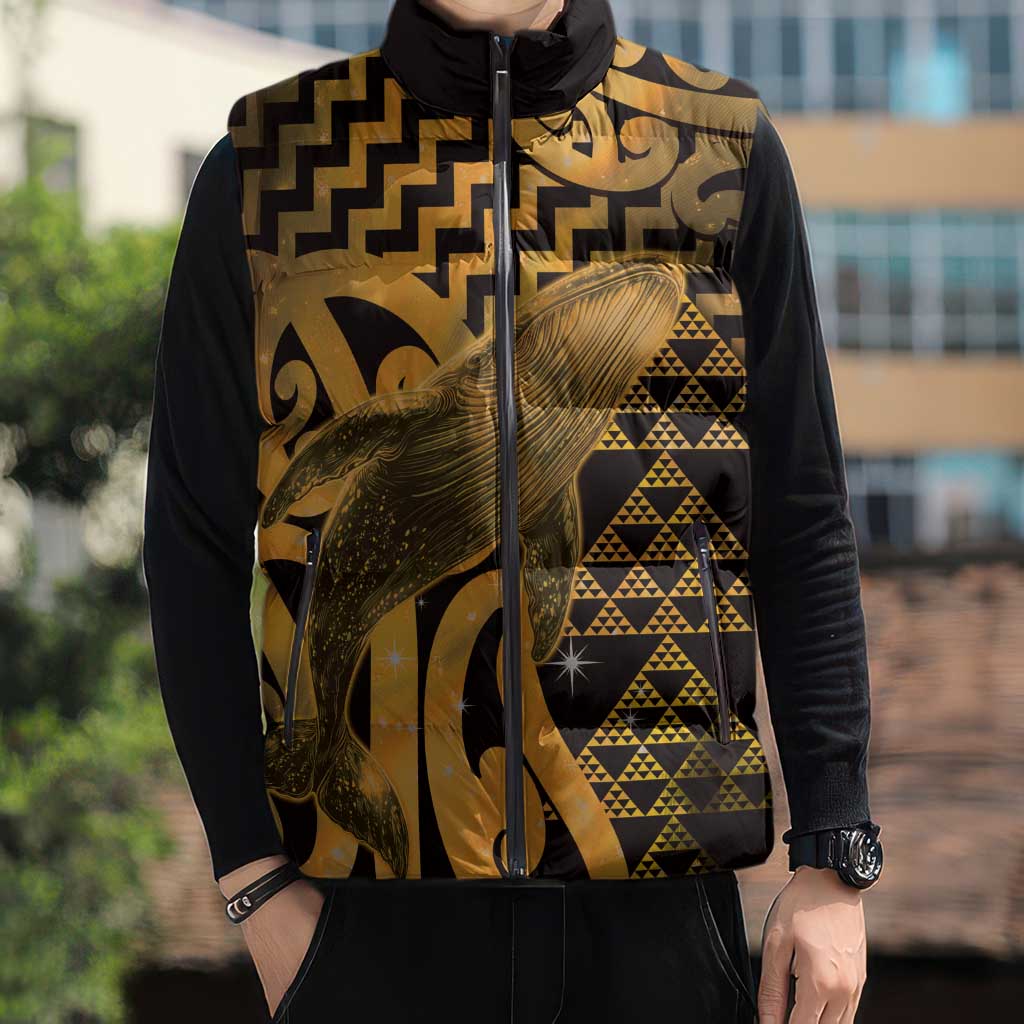 Humpback Whale Matariki New Zealand Sleeveless Puffer Jacket NZ Maori Paikea Poutama Luxury Gold